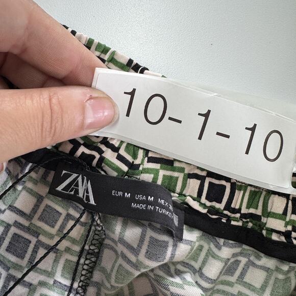 Zara Pants Womens Medium Green Black White Geometric Print Pull On Viscose Flowy - Picture 3 of 8